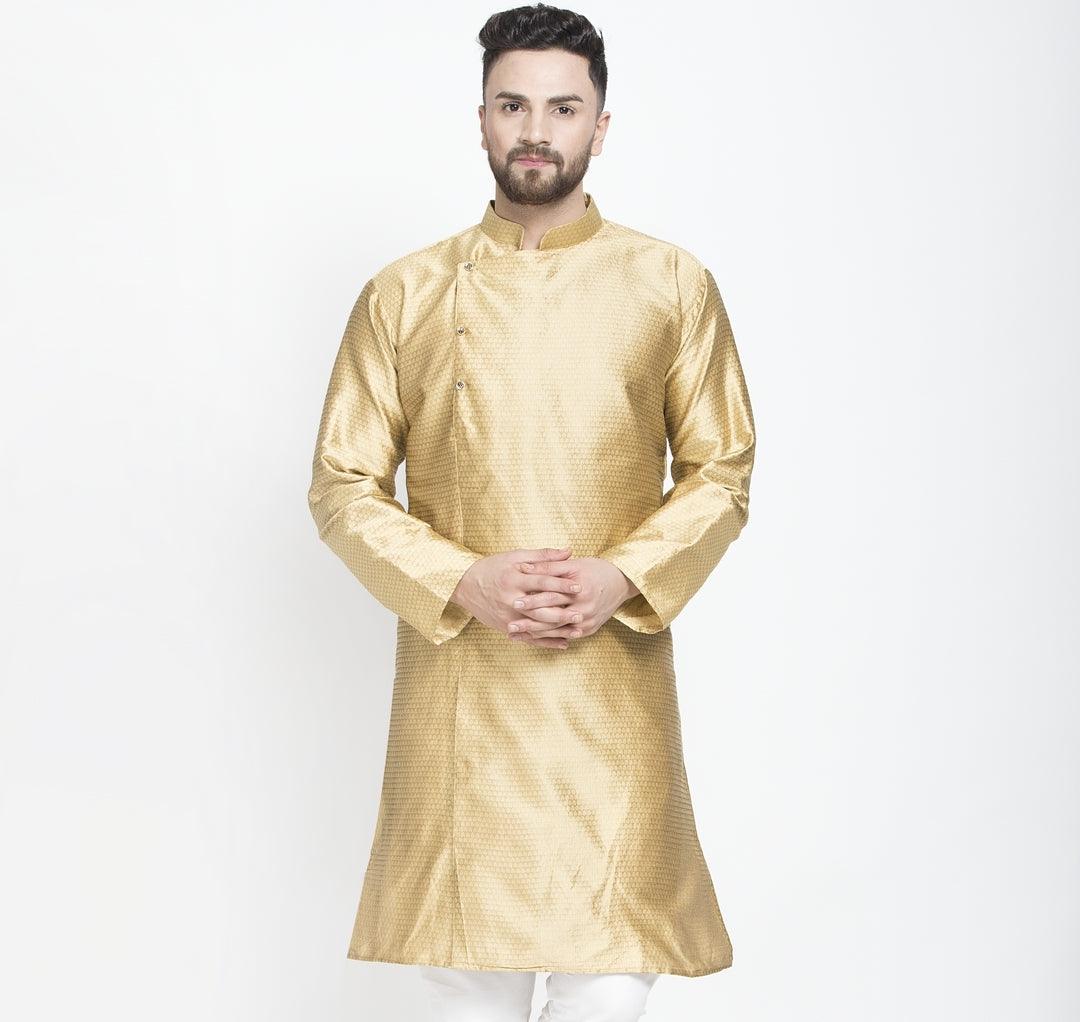 Men's Gold Self Design Long Kurta - Benstoke - Indiakreations