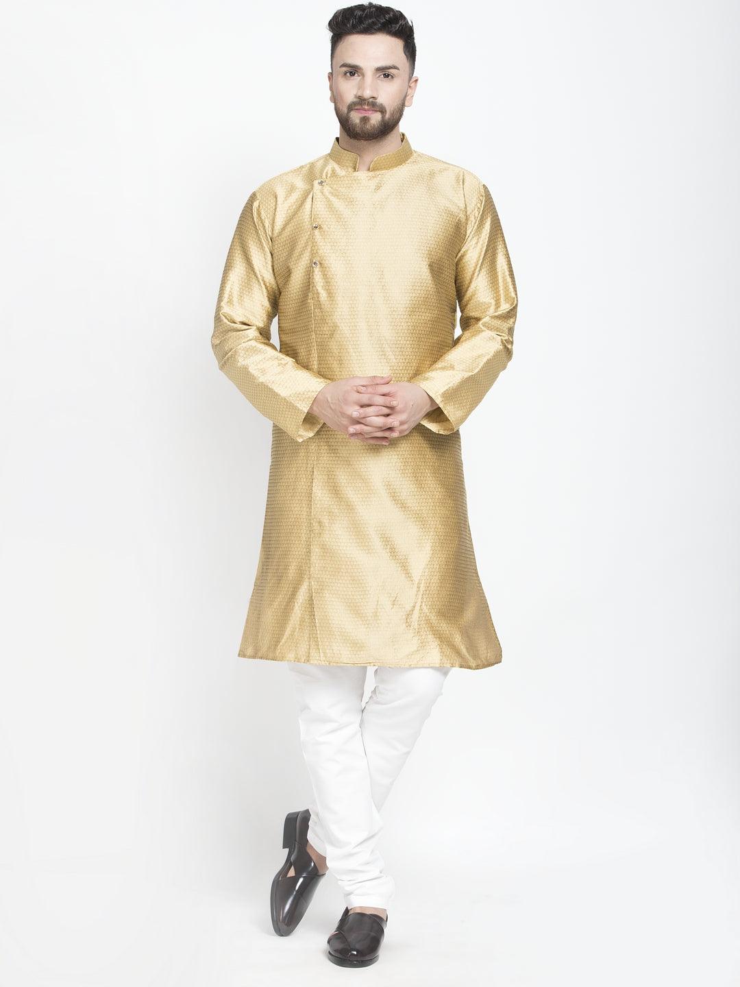 Men's Gold Self Design Kurta With White Churidaar Pyjama - Benstoke - Indiakreations