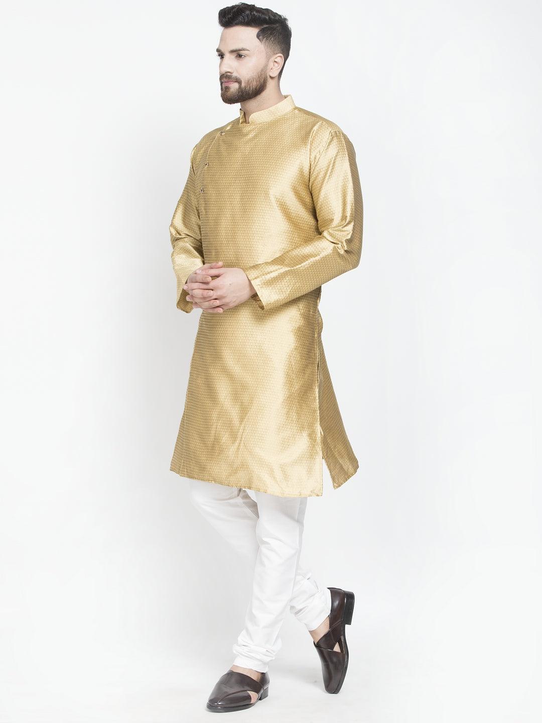 Men's Gold Self Design Kurta With White Churidaar Pyjama - Benstoke - Indiakreations