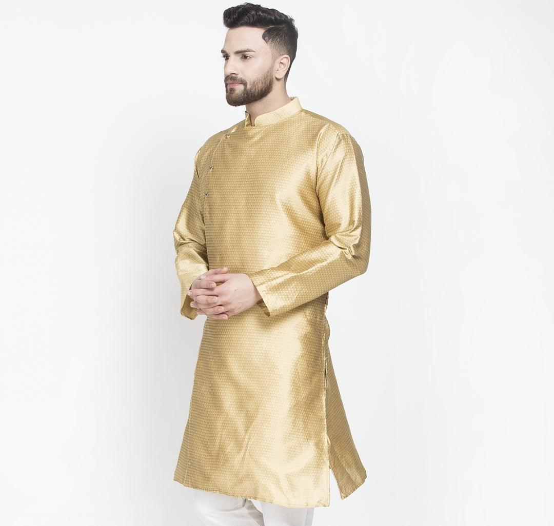 Men's Gold Self Design Long Kurta - Benstoke - Indiakreations