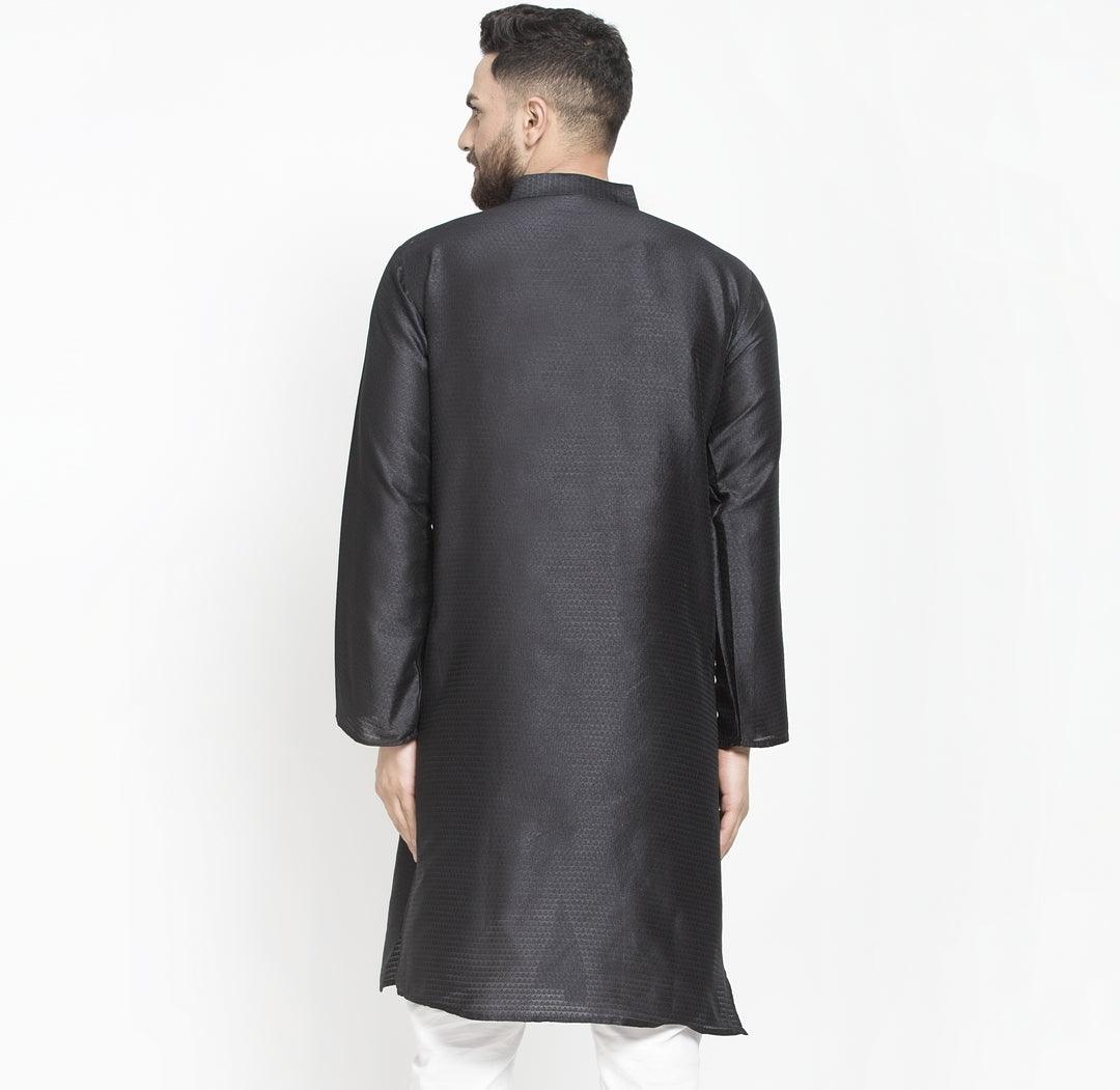 Men's Black Self Design Long Kurta - Benstoke - Indiakreations