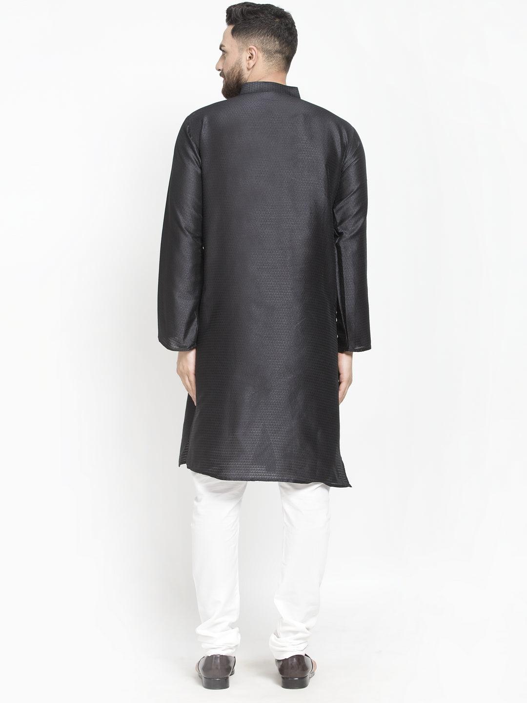 Men's Black Self Design Kurta With White Churidaar Pyjama - Benstoke - Indiakreations