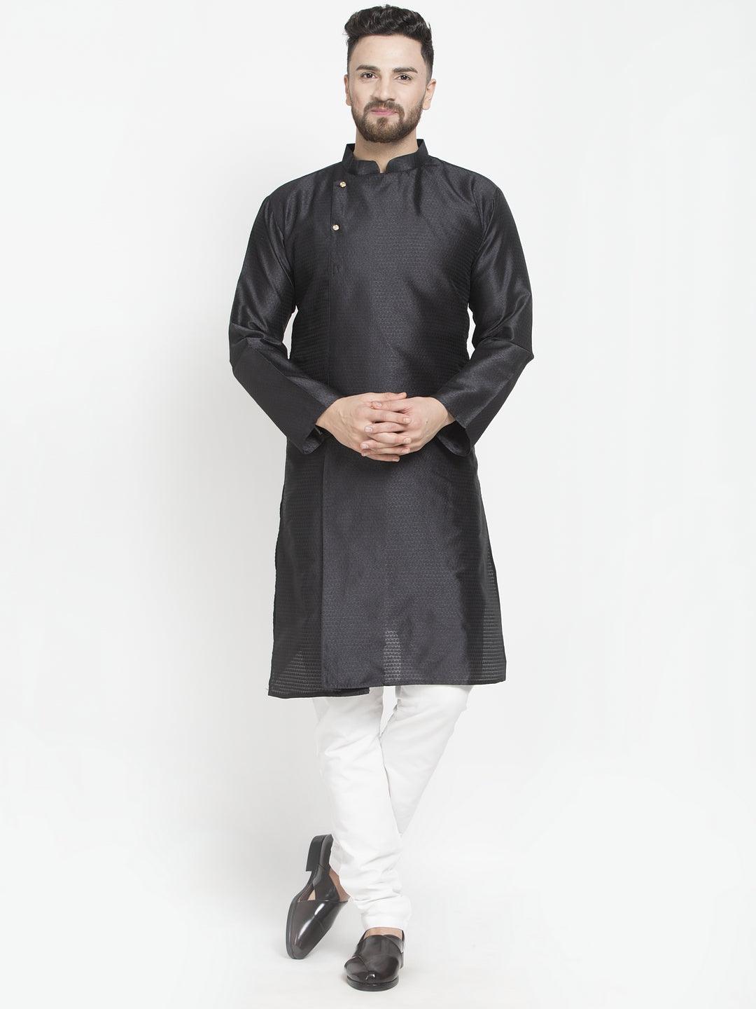 Men's Black Self Design Kurta With White Churidaar Pyjama - Benstoke - Indiakreations