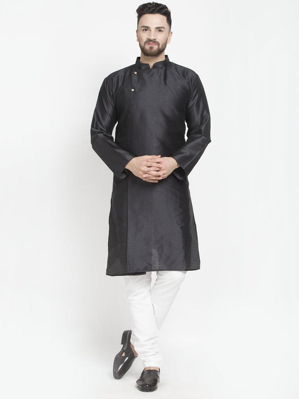 Men's Black Self Design Kurta With White Churidaar Pyjama - Benstoke - Indiakreations