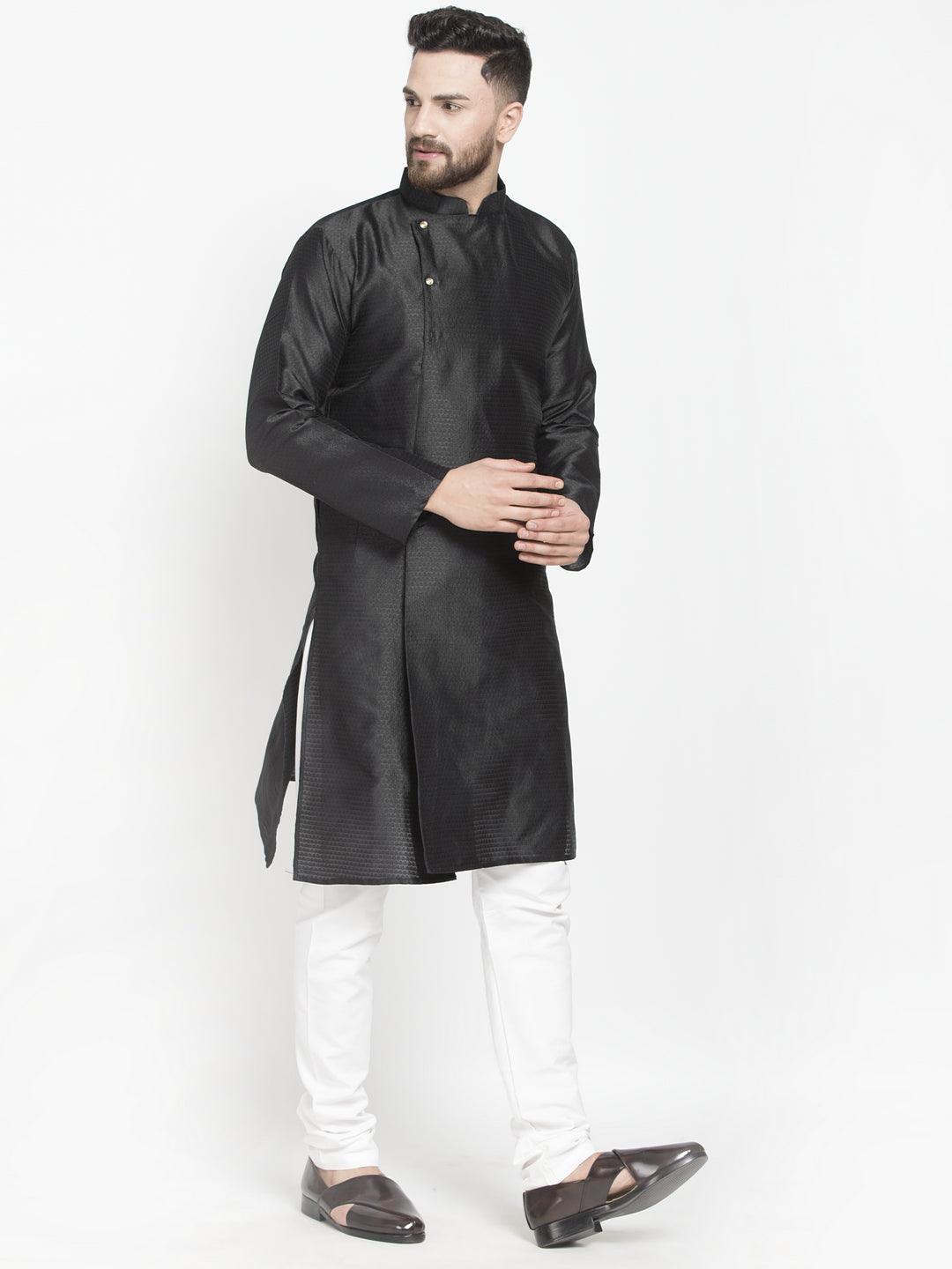 Men's Black Self Design Kurta With White Churidaar Pyjama - Benstoke - Indiakreations