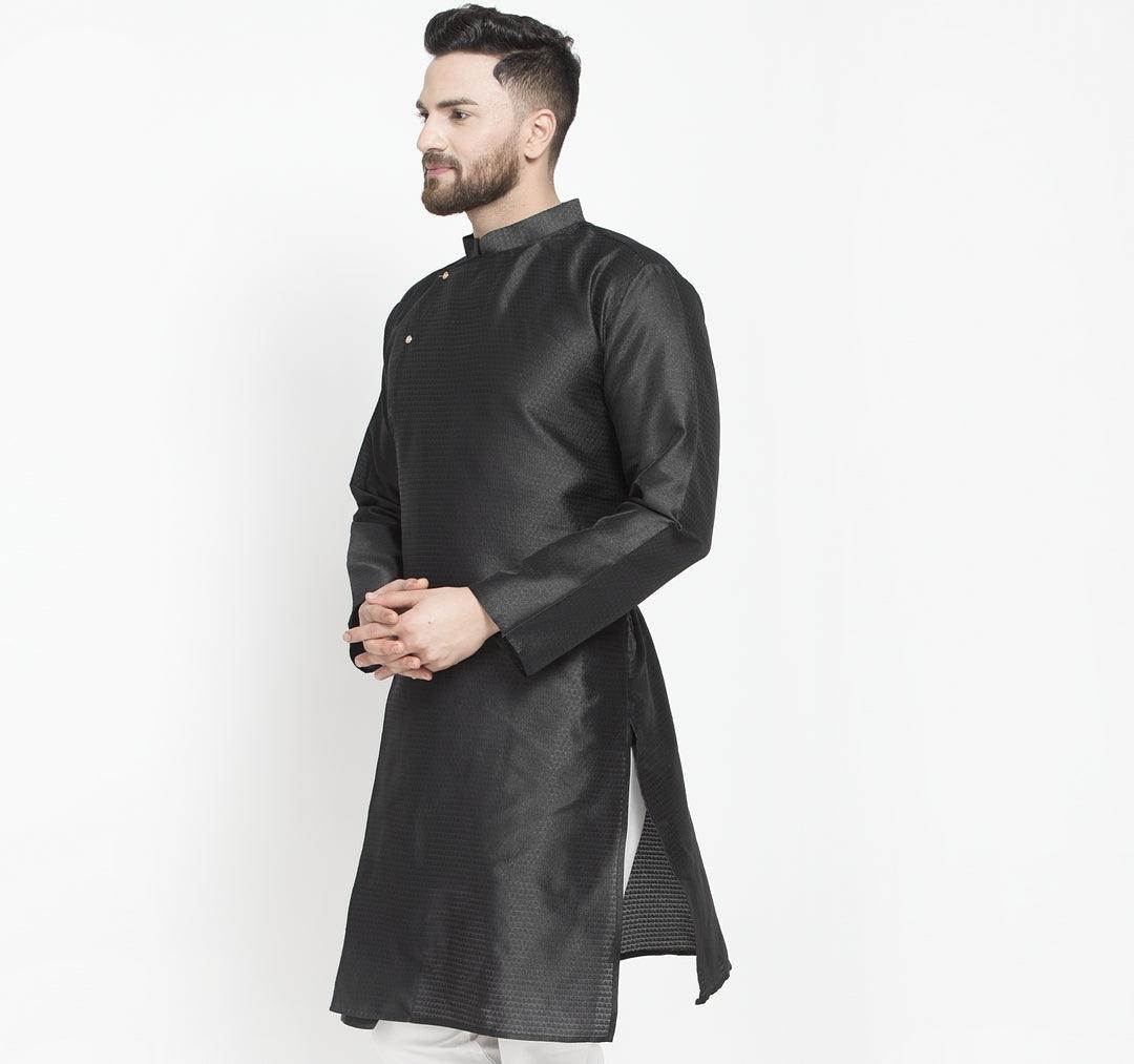 Men's Black Self Design Long Kurta - Benstoke - Indiakreations