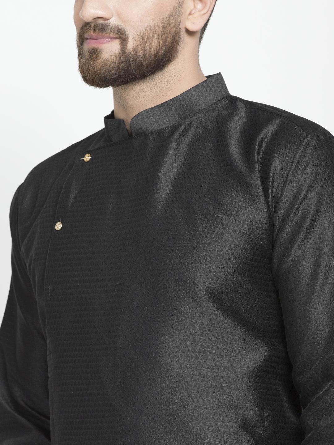 Men's Black Self Design Kurta With White Churidaar Pyjama - Benstoke - Indiakreations