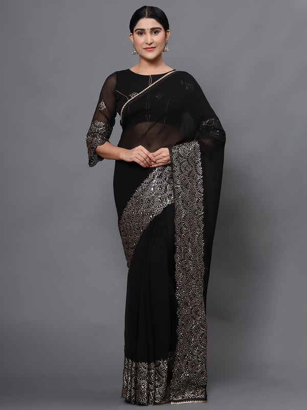 Women's Black Color Beautiful Ethnic Wear sequin embroidered work  Saree - AAISHREE