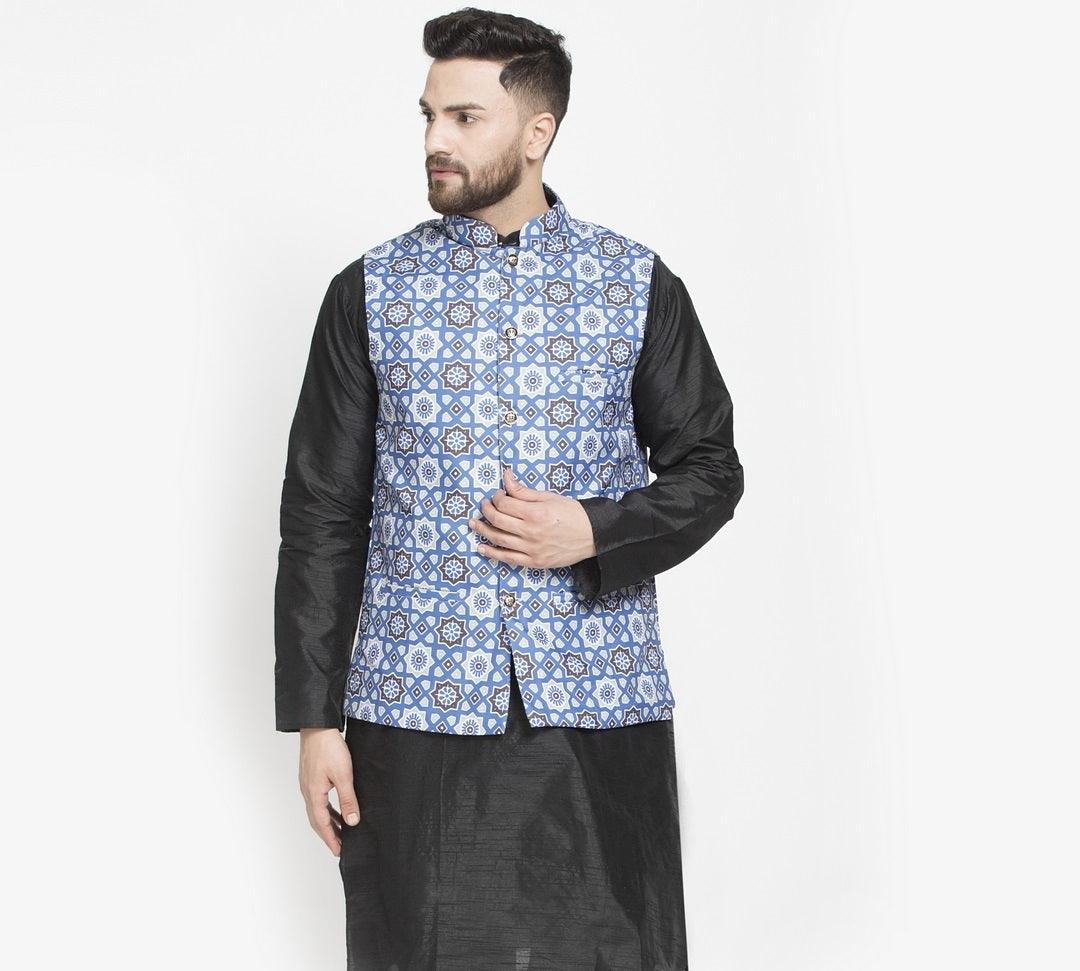 Men's Indigo Blue & Multi Printed Nehru Jacket - Benstoke - Indiakreations