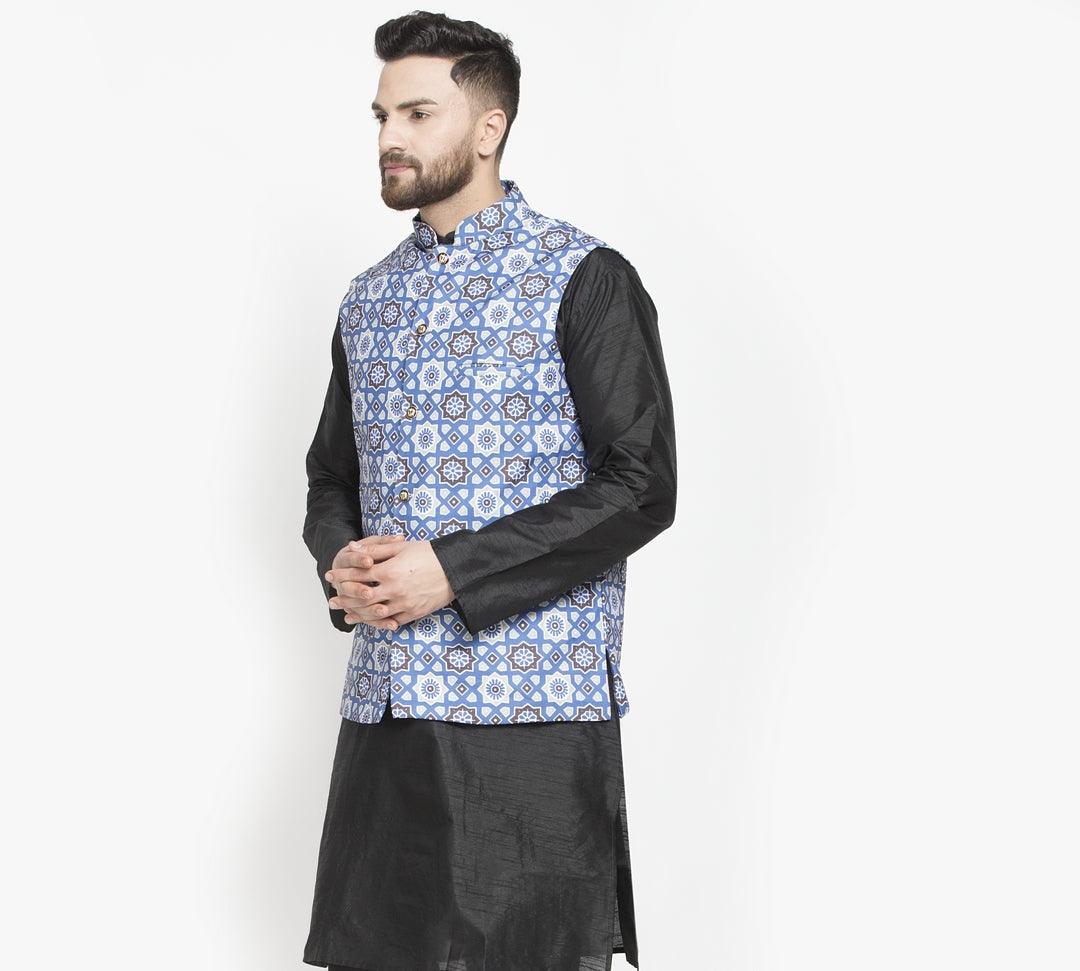 Men's Indigo Blue & Multi Printed Nehru Jacket - Benstoke - Indiakreations