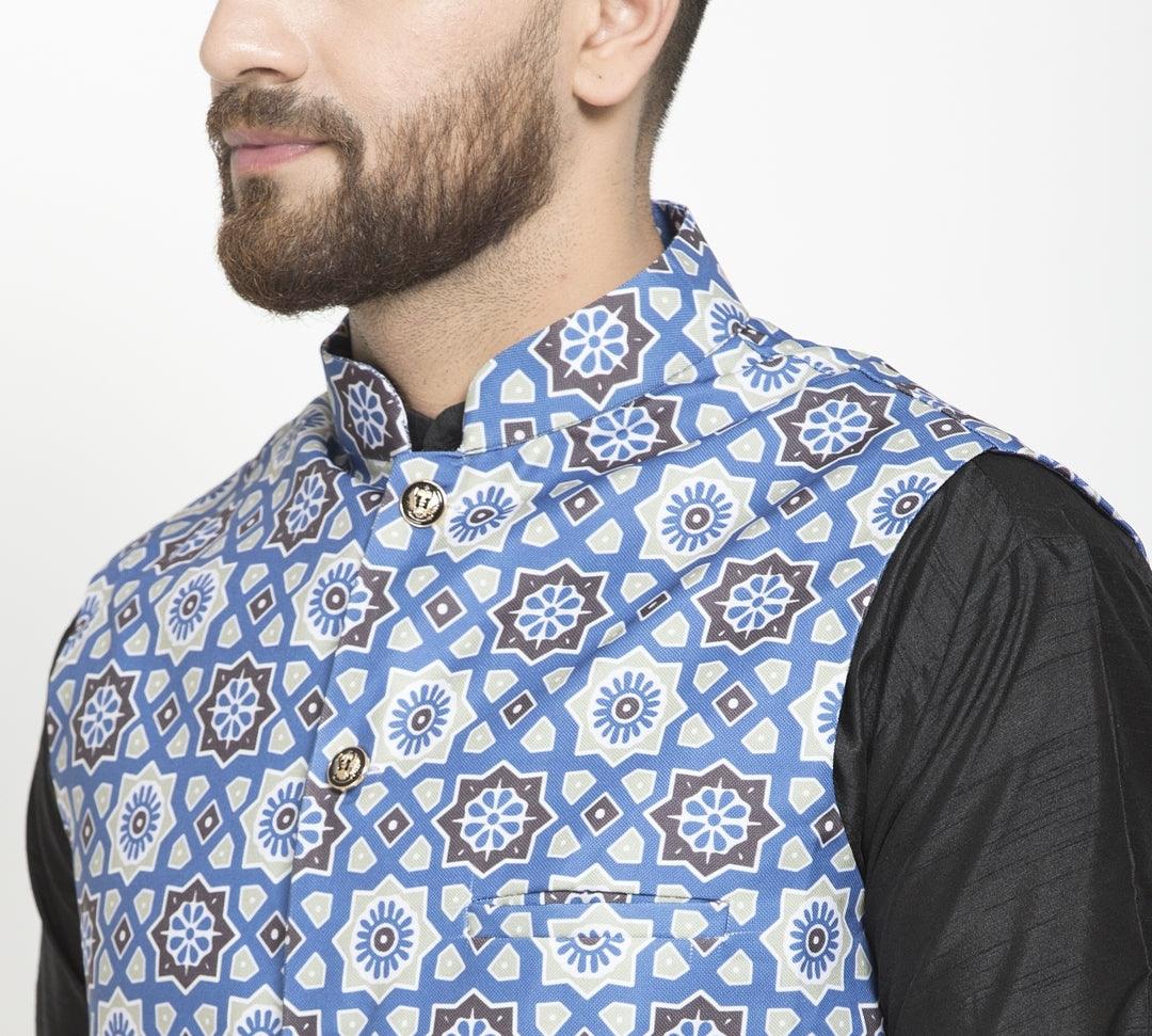 Men's Indigo Blue & Multi Printed Nehru Jacket - Benstoke - Indiakreations