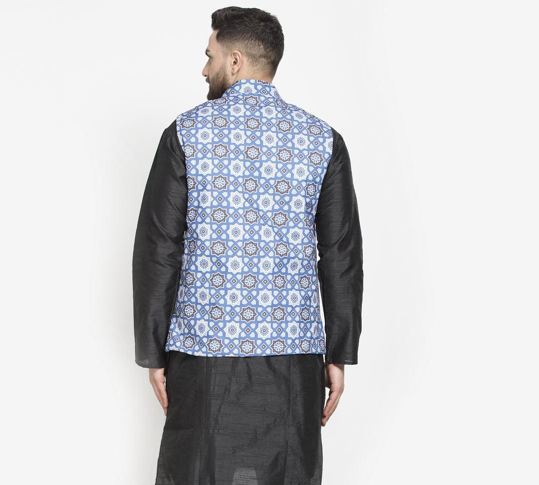 Men's Indigo Blue & Multi Printed Nehru Jacket - Benstoke - Indiakreations