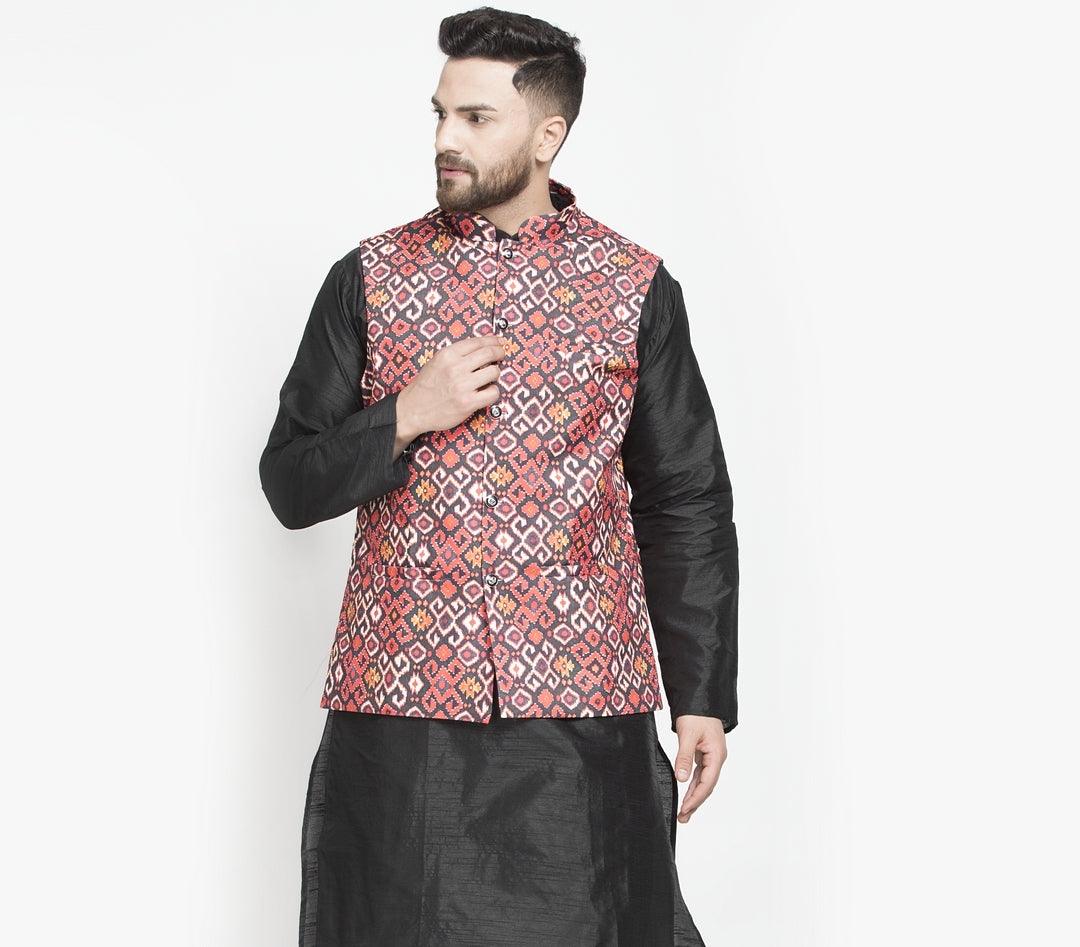 Men's Black & Rust Printed Nehru Jacket - Benstoke - Indiakreations