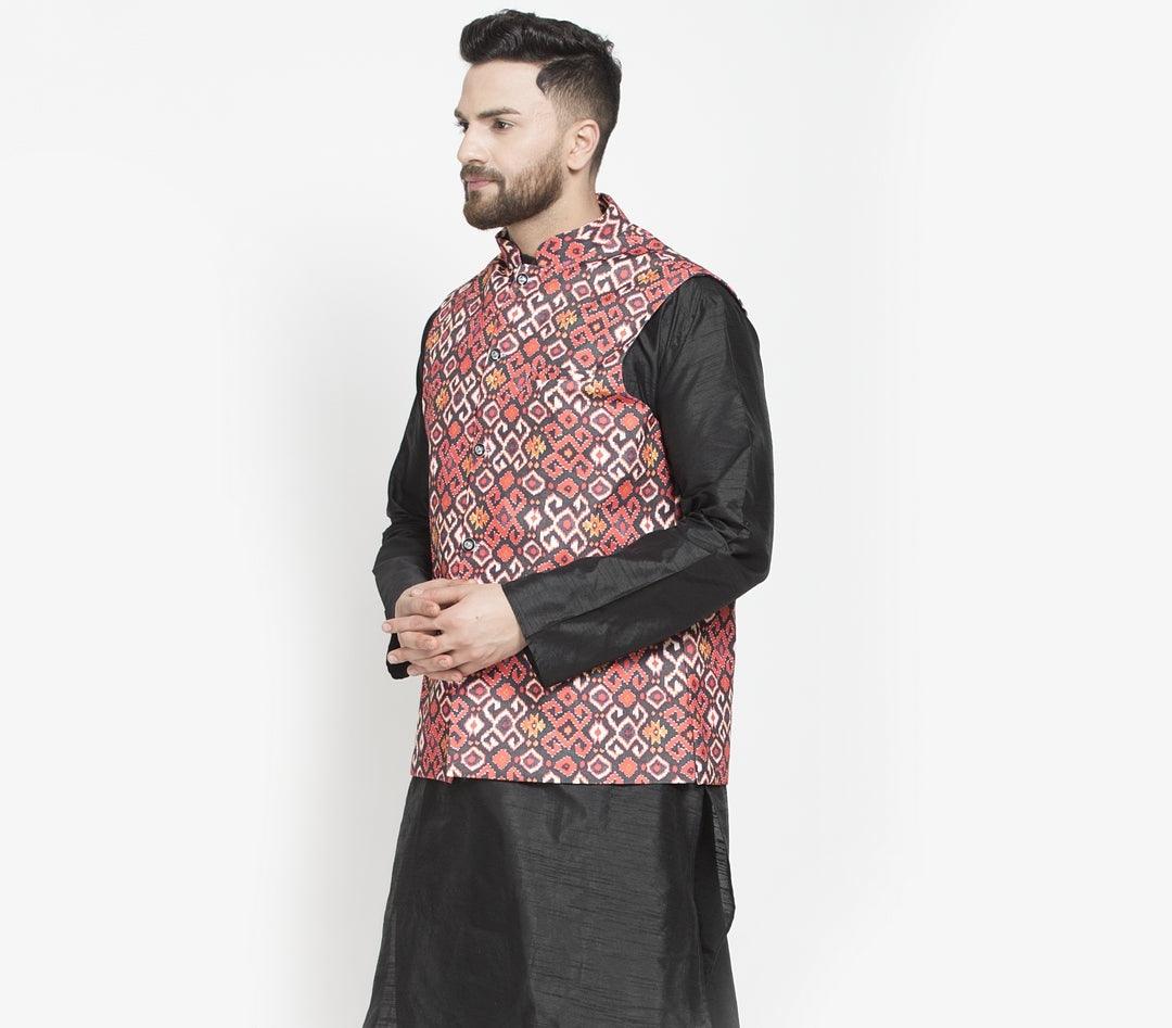 Men's Black & Rust Printed Nehru Jacket - Benstoke - Indiakreations