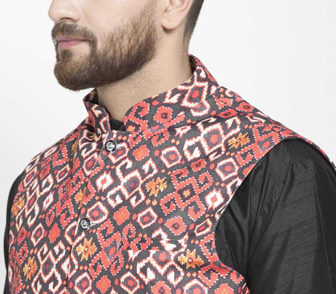 Men's Black & Rust Printed Nehru Jacket - Benstoke - Indiakreations