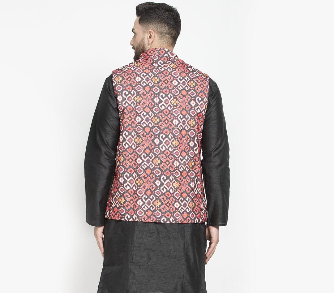 Men's Black & Rust Printed Nehru Jacket - Benstoke - Indiakreations