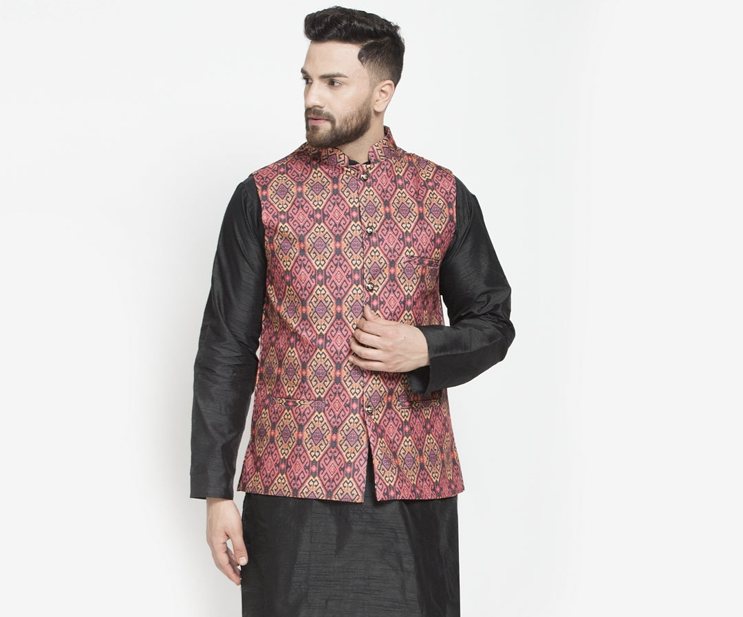 Men's Coral Red & Black Printed Nehru Jacket - Benstoke