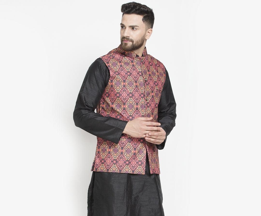 Men's Coral Red & Black Printed Nehru Jacket - Benstoke - Indiakreations