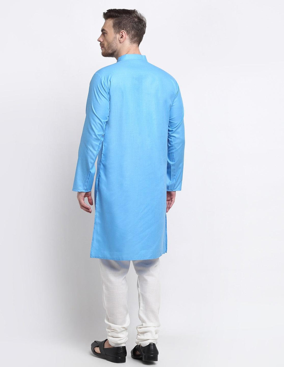 Men's Blue & White Cotton Solid Kurta With Churidaar Set - Benstoke - Indiakreations