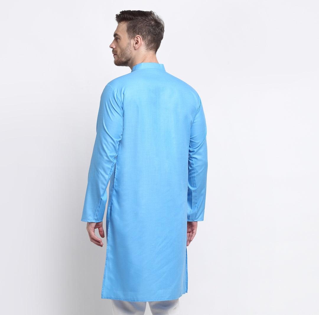 Men's Cotton Blend Turqouise Blue Straight Long Kurta - Benstoke - Indiakreations