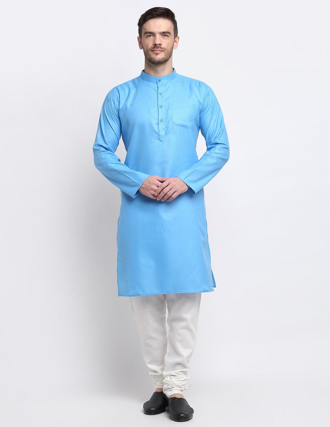 Men's Blue & White Cotton Solid Kurta With Churidaar Set - Benstoke