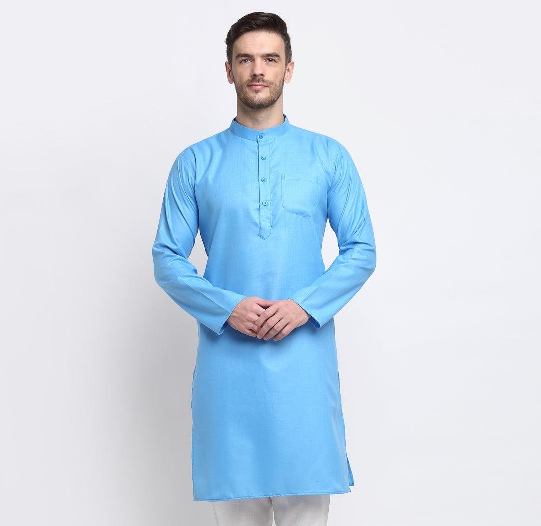 Men's Cotton Blend Turqouise Blue Straight Long Kurta - Benstoke - Indiakreations