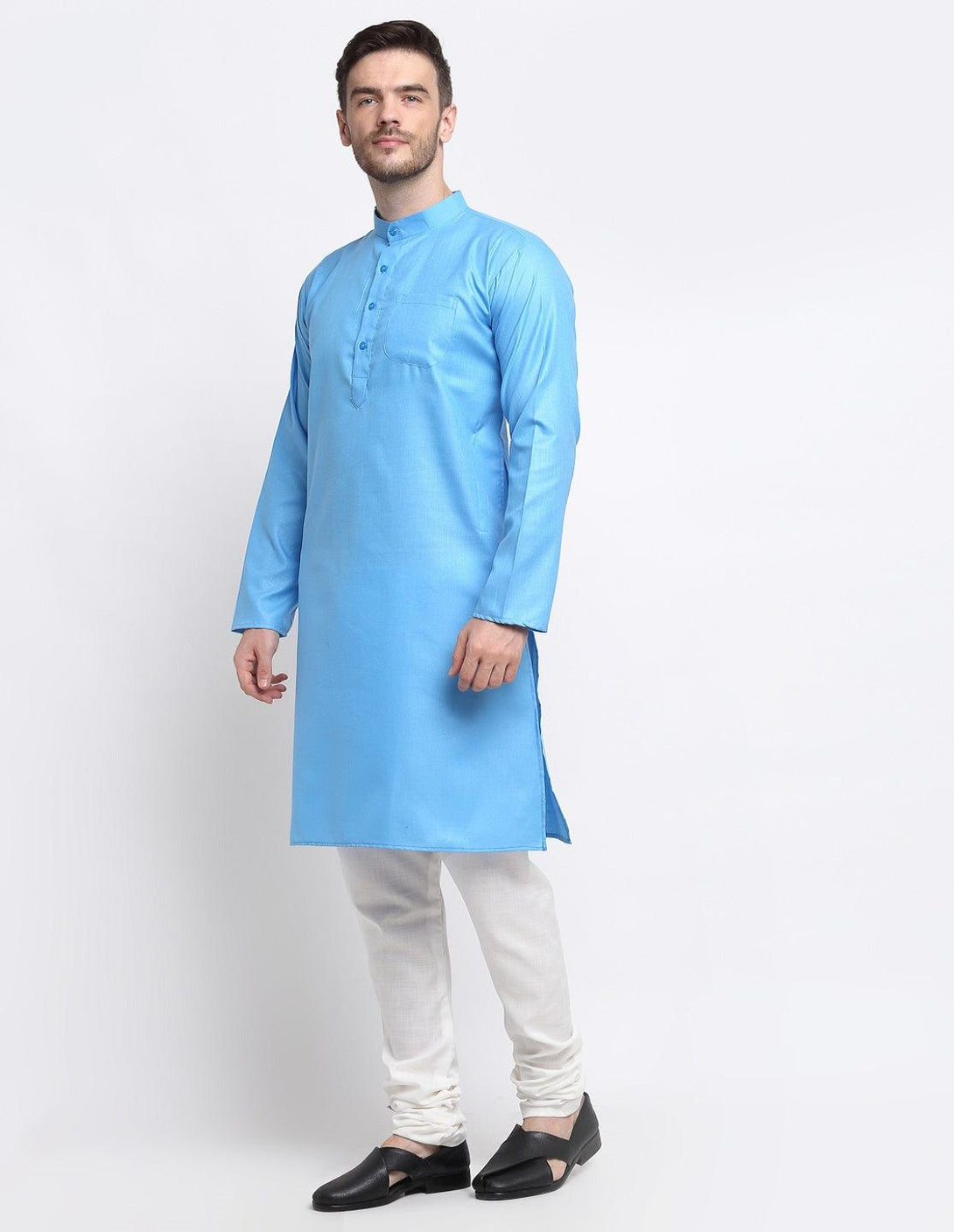 Men's Blue & White Cotton Solid Kurta With Churidaar Set - Benstoke - Indiakreations