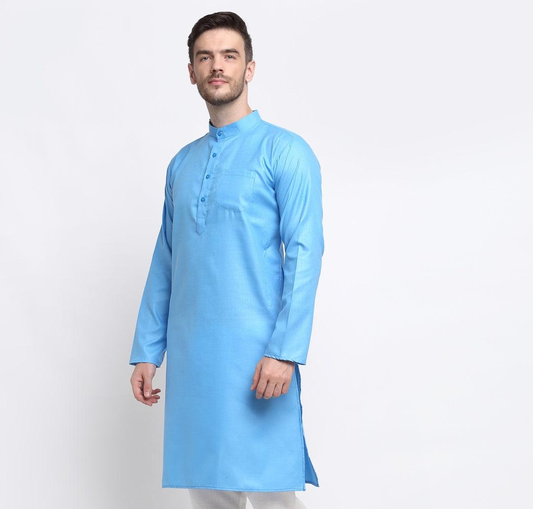 Men's Cotton Blend Turqouise Blue Straight Long Kurta - Benstoke - Indiakreations