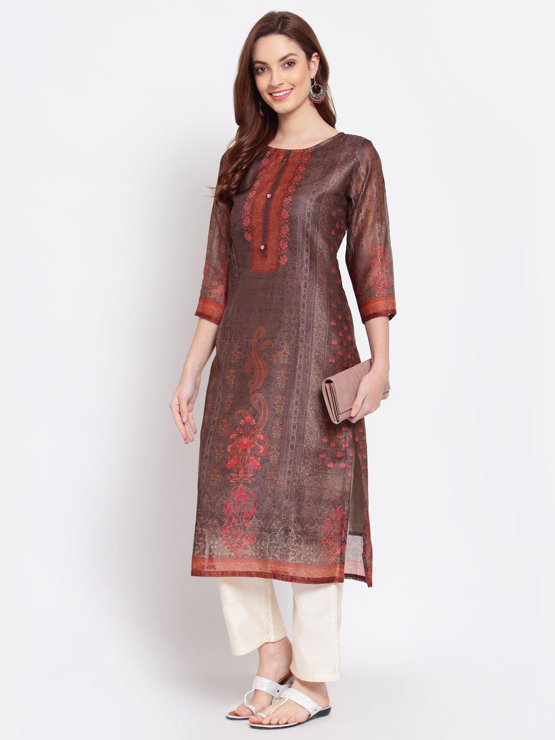 Women's Multi Printed Chanderi Silk 3/4 Sleeve Round Neck Casual Kurta - Myshka - Indiakreations