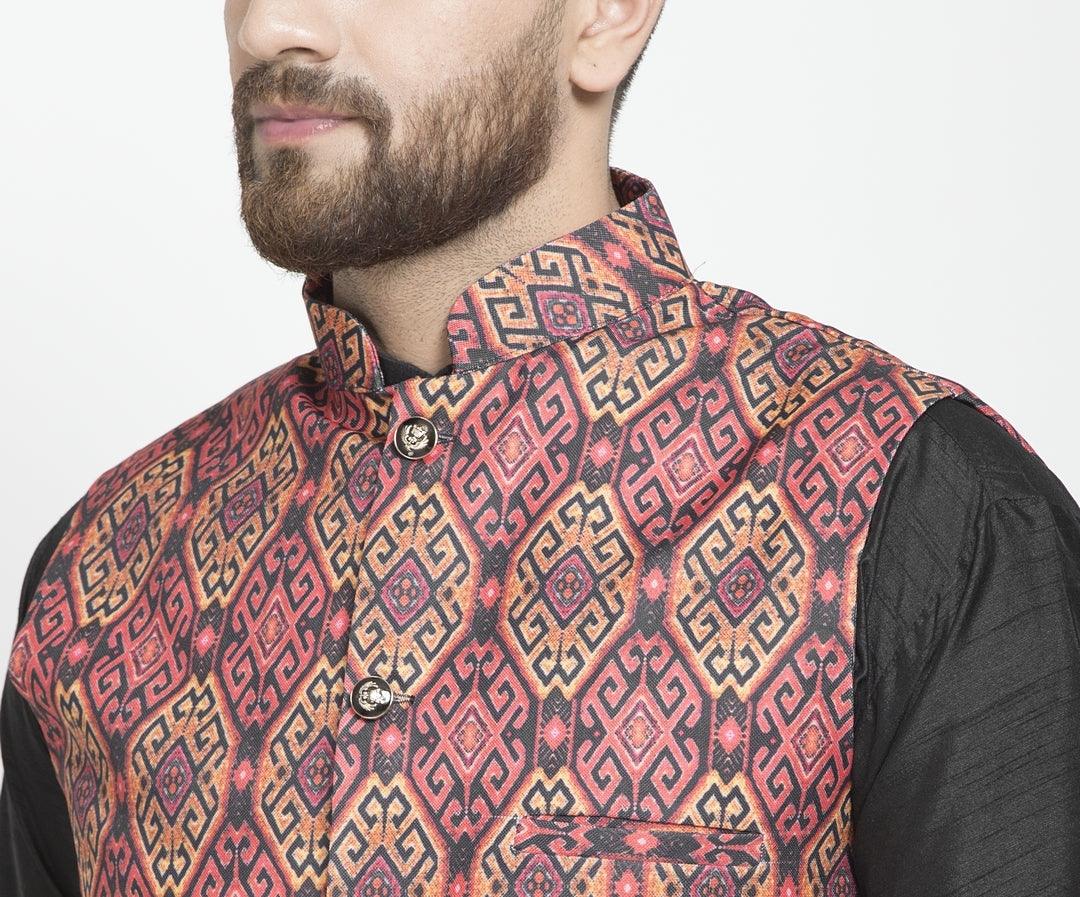 Men's Coral Red & Black Printed Nehru Jacket - Benstoke - Indiakreations