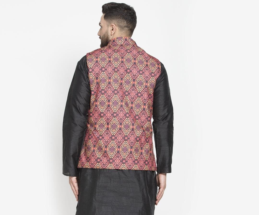 Men's Coral Red & Black Printed Nehru Jacket - Benstoke - Indiakreations