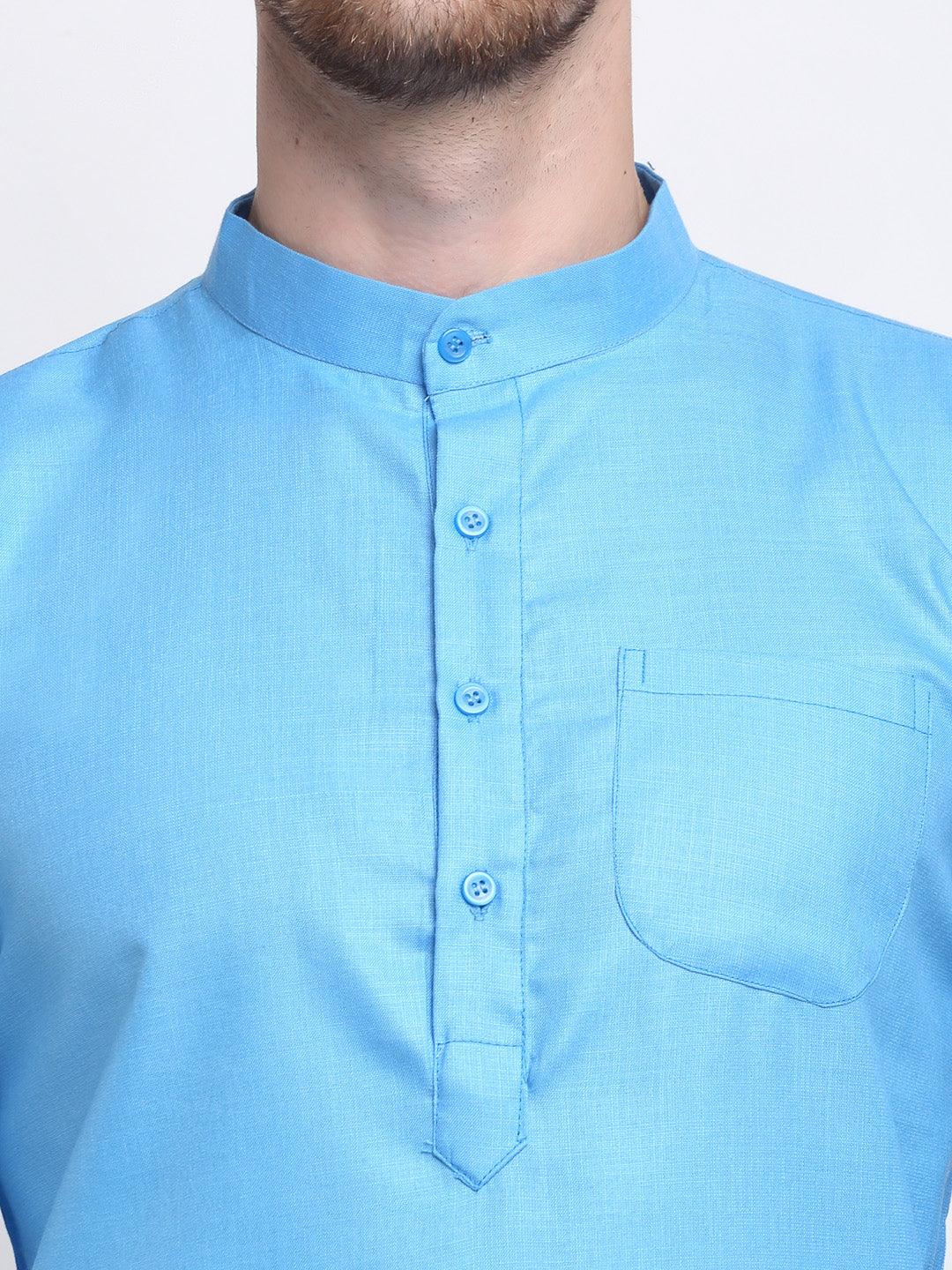 Men's Cotton Blend Turqouise Blue Straight Long Kurta - Benstoke - Indiakreations