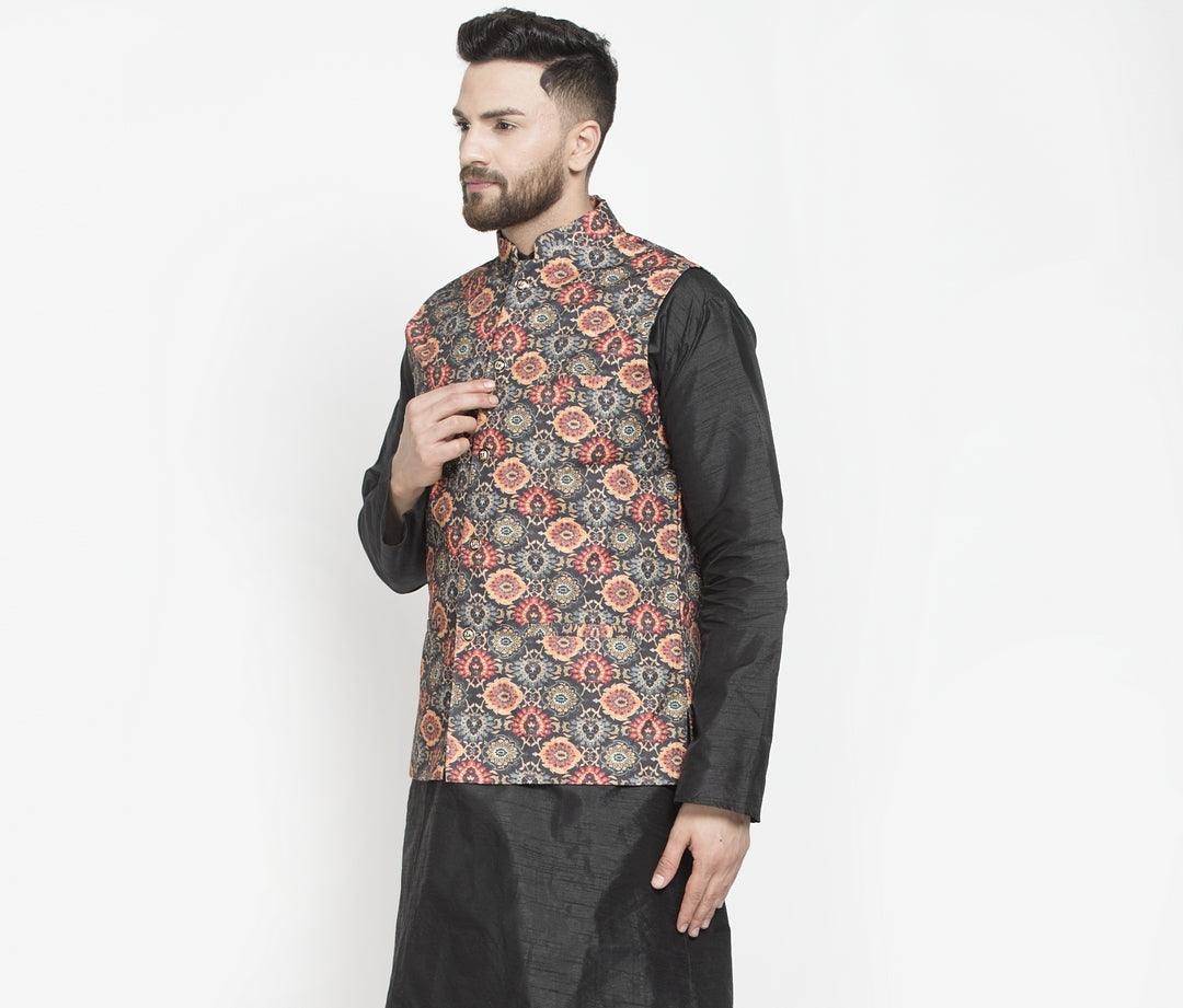 Men's Black & Orange Printed Nehru Jacket - Benstoke - Indiakreations