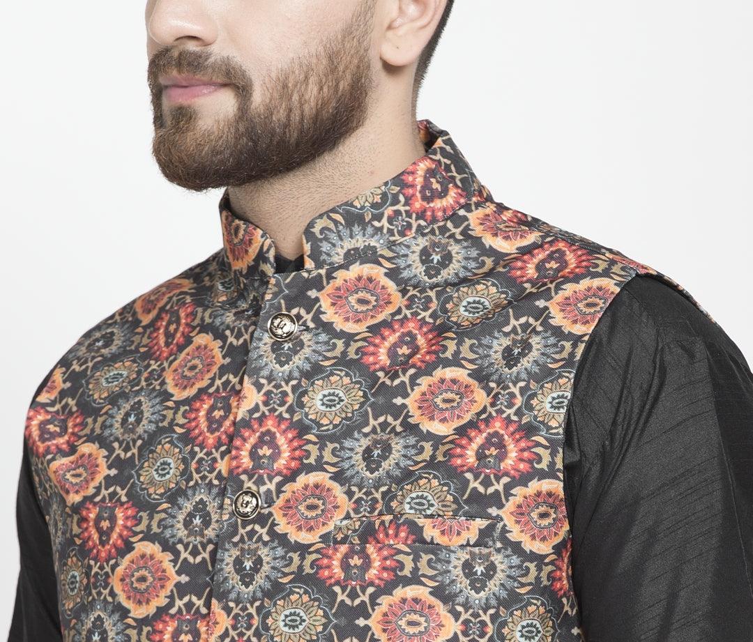 Men's Black & Orange Printed Nehru Jacket - Benstoke - Indiakreations