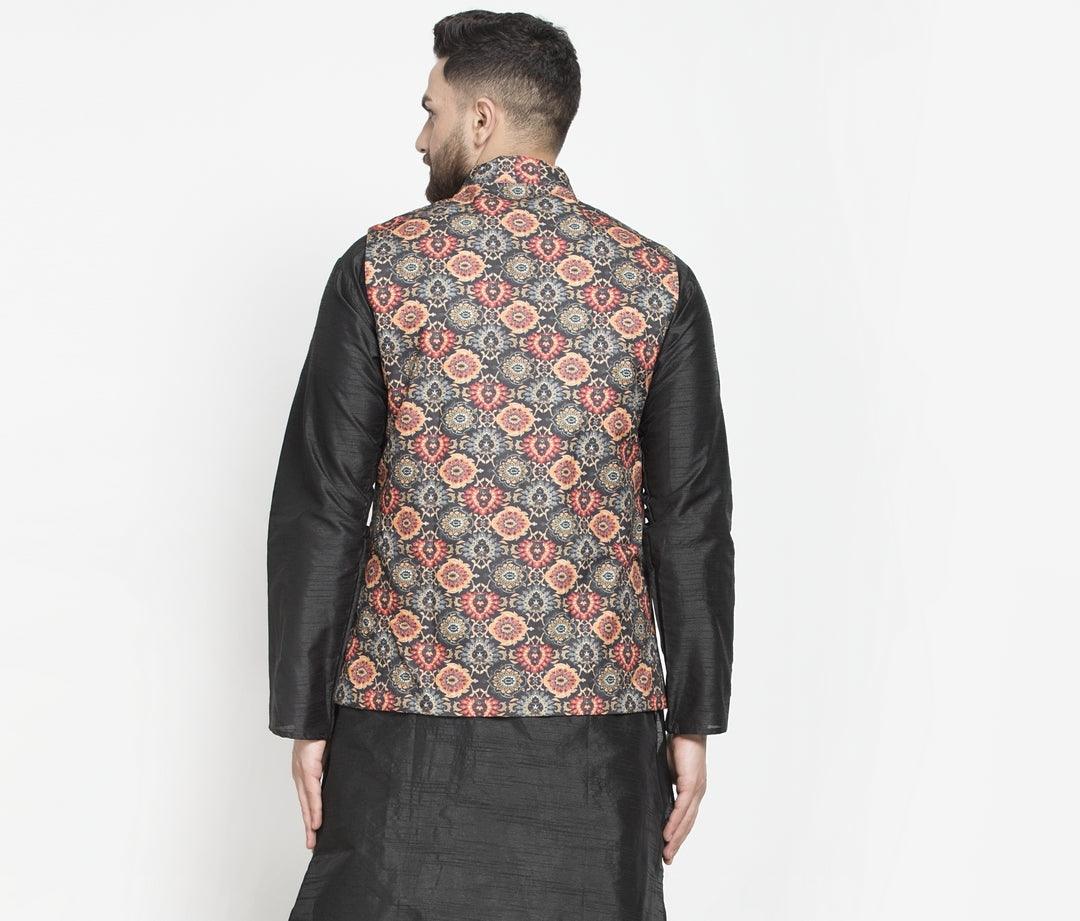 Men's Black & Orange Printed Nehru Jacket - Benstoke - Indiakreations