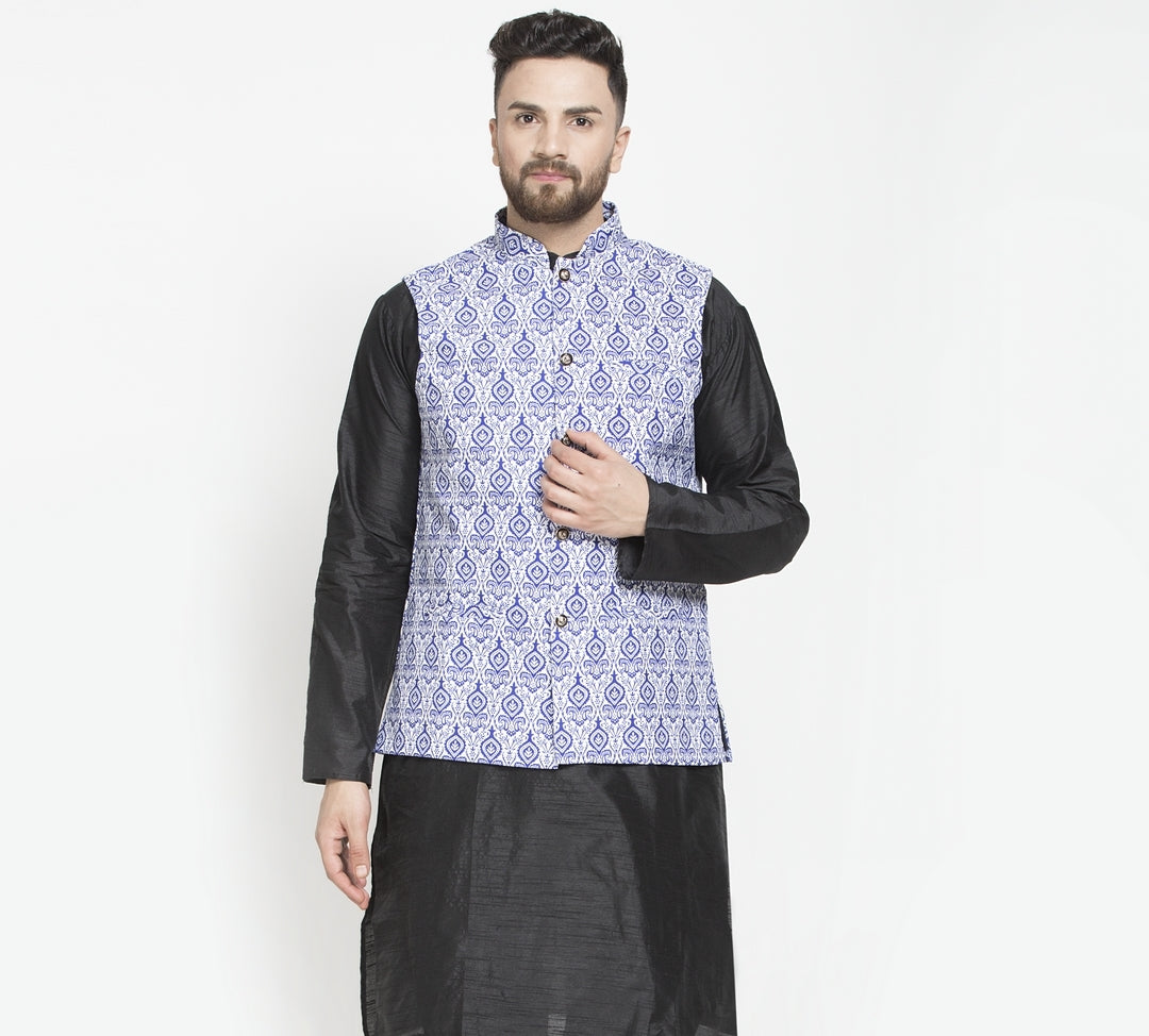 Men's White & Royal Blue Printed Nehru Jacket - Benstoke