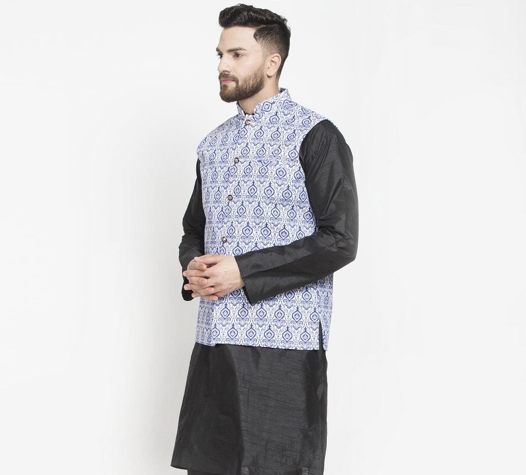 Men's White & Royal Blue Printed Nehru Jacket - Benstoke - Indiakreations