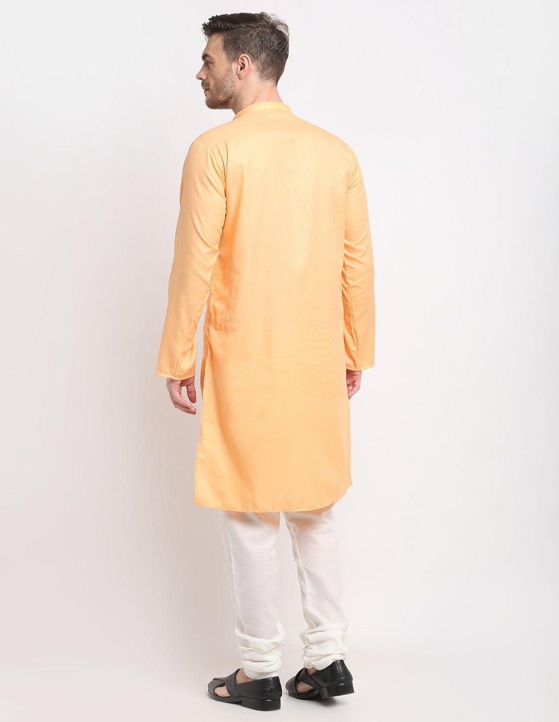 Men's Peach & White Cotton Solid Kurta With Churidaar Set - Benstoke - Indiakreations