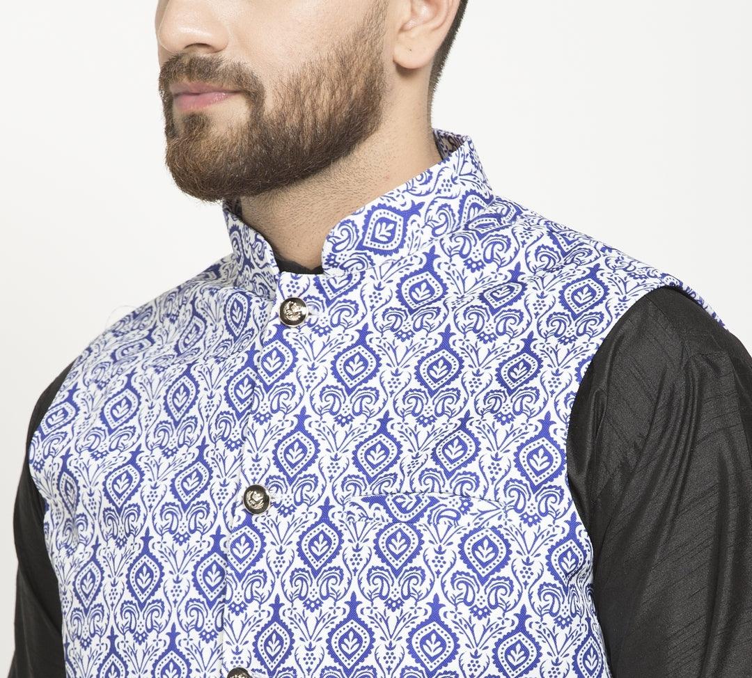 Men's White & Royal Blue Printed Nehru Jacket - Benstoke - Indiakreations