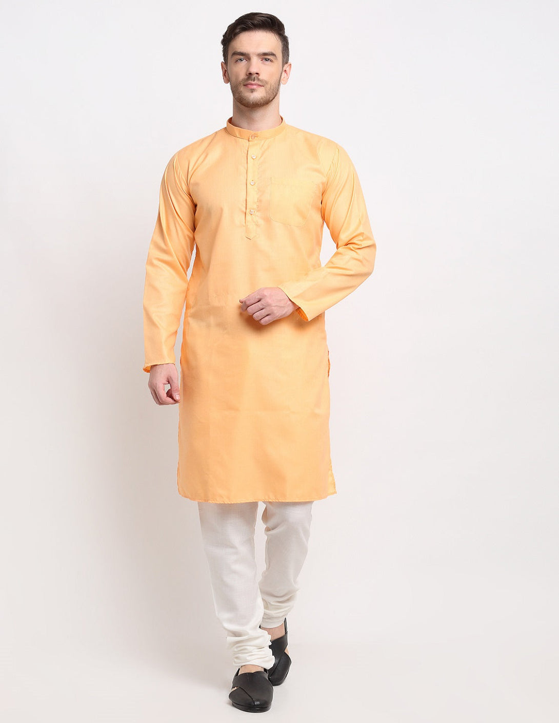 Men's Peach & White Cotton Solid Kurta With Churidaar Set - Benstoke