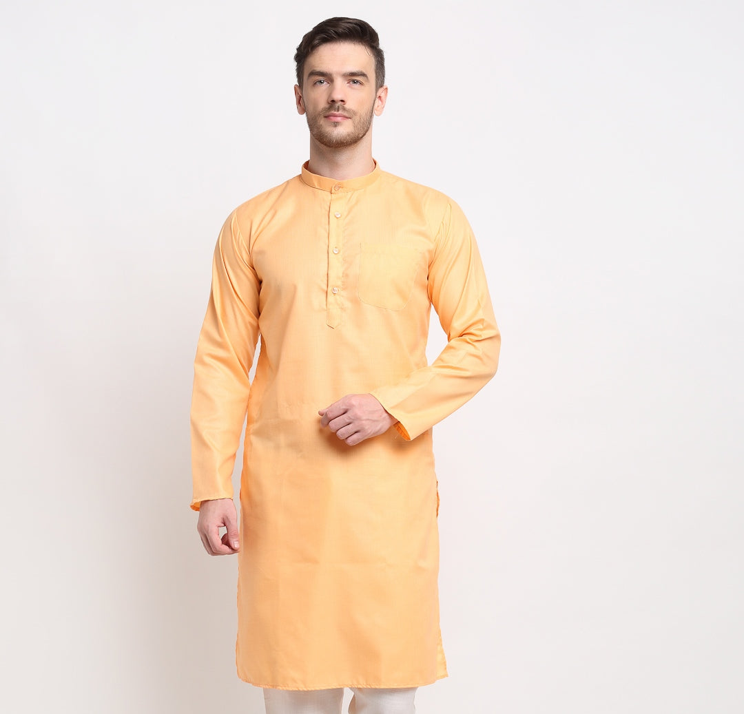 Men's Cotton Blend Peach Straight Long Kurta - Benstoke