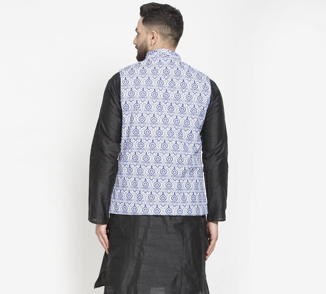 Men's White & Royal Blue Printed Nehru Jacket - Benstoke - Indiakreations