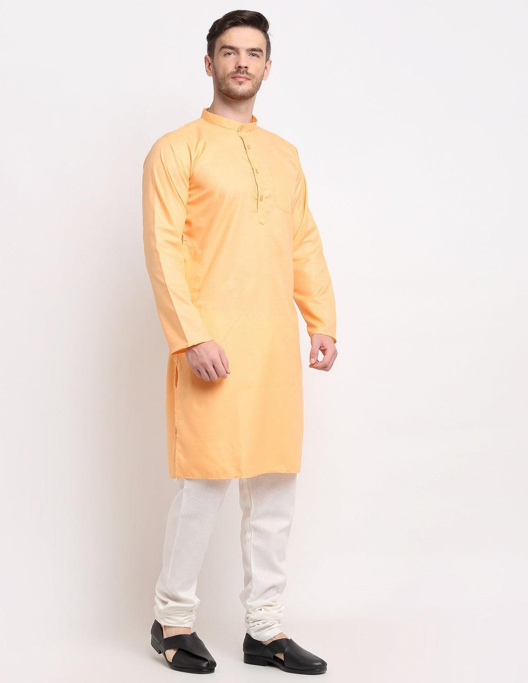 Men's Peach & White Cotton Solid Kurta With Churidaar Set - Benstoke - Indiakreations