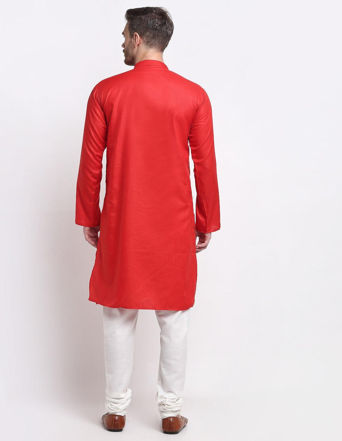 Men's Red & White Cotton Solid Kurta With Churidaar Set - Benstoke - Indiakreations