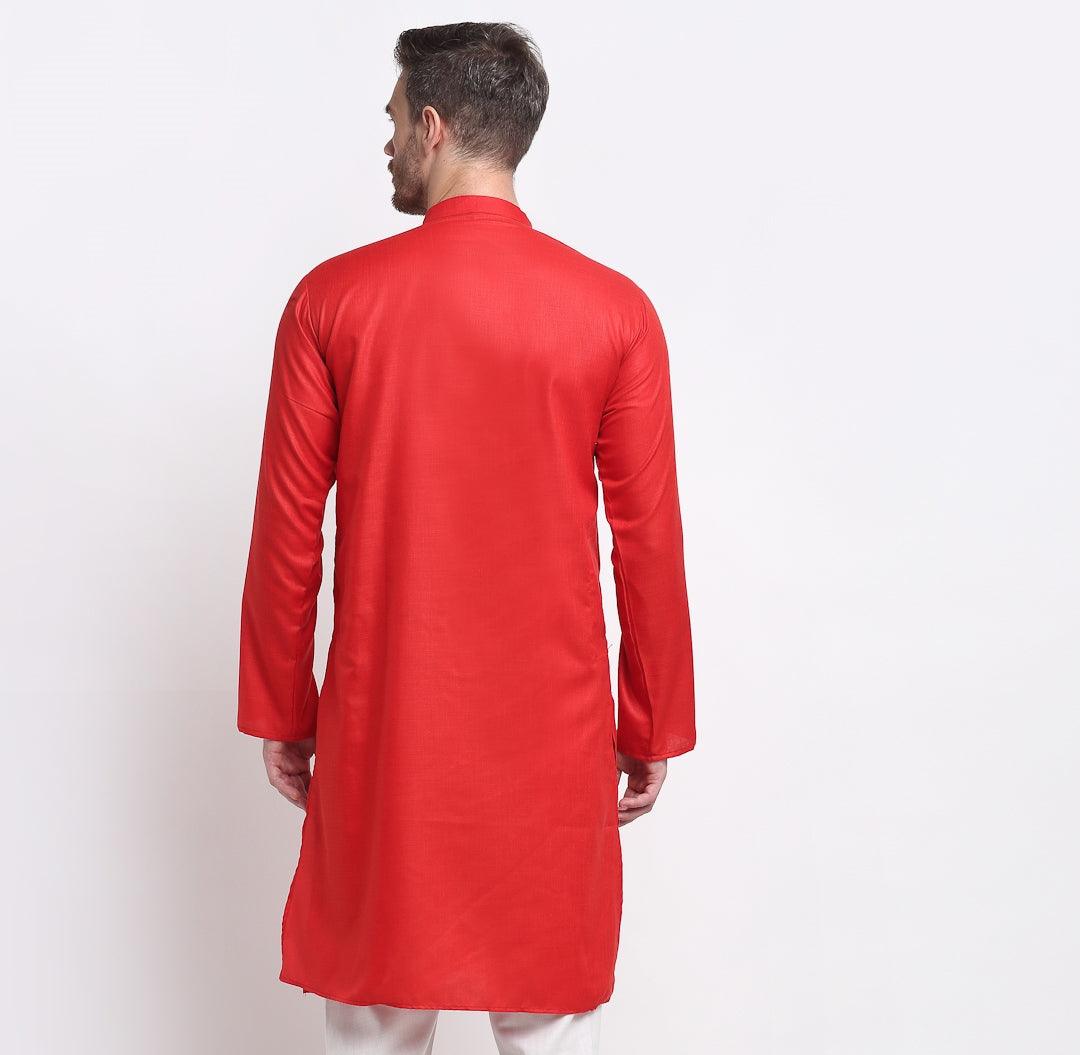 Men's Cotton Blend Red Straight Long Kurta - Benstoke - Indiakreations