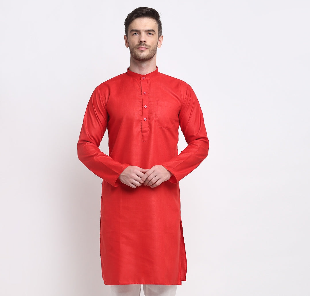 Men's Cotton Blend Red Straight Long Kurta - Benstoke