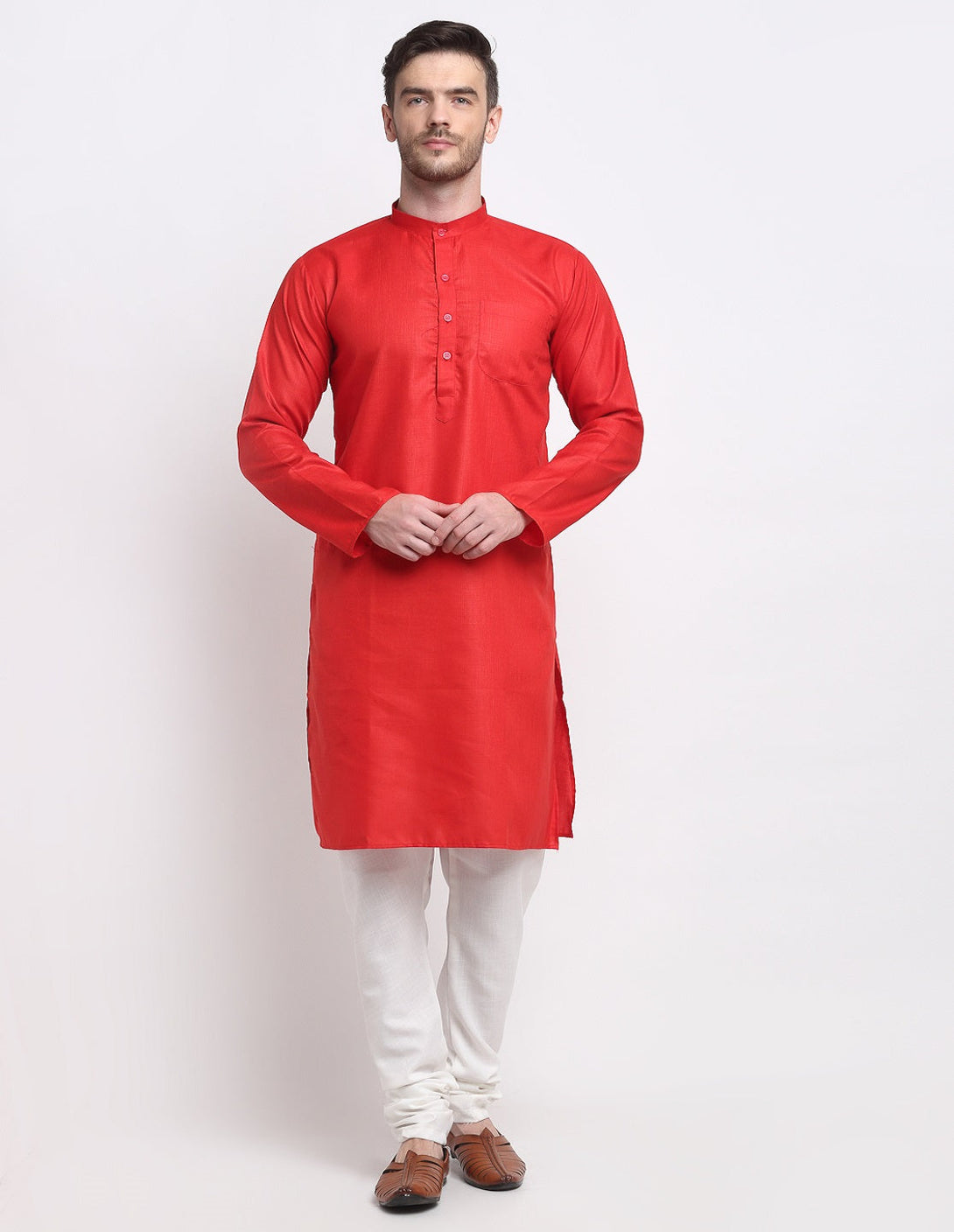 Men's Red & White Cotton Solid Kurta With Churidaar Set - Benstoke