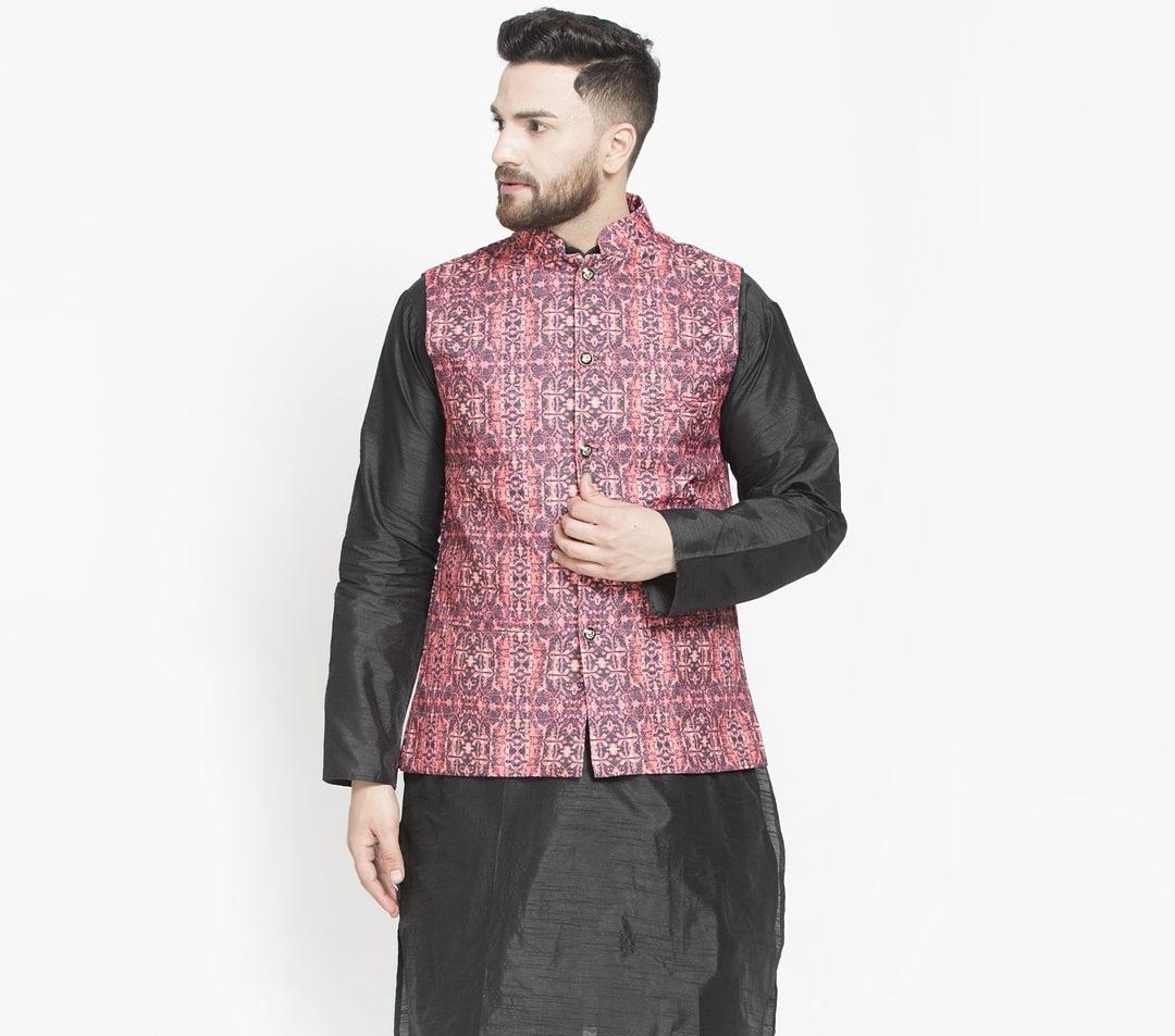 Men's Black & Coral Printed Nehru Jacket - Benstoke - Indiakreations