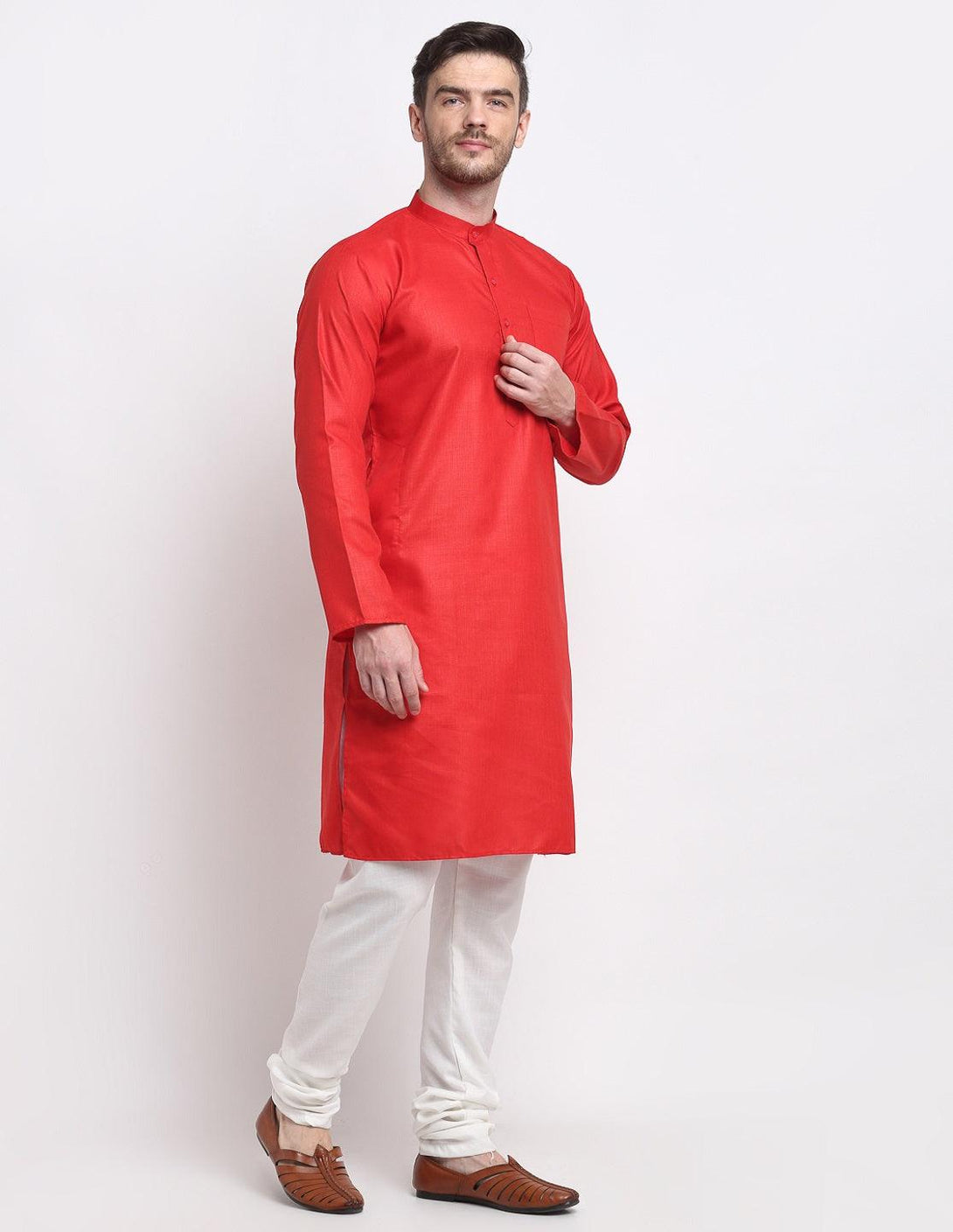 Men's Red & White Cotton Solid Kurta With Churidaar Set - Benstoke - Indiakreations