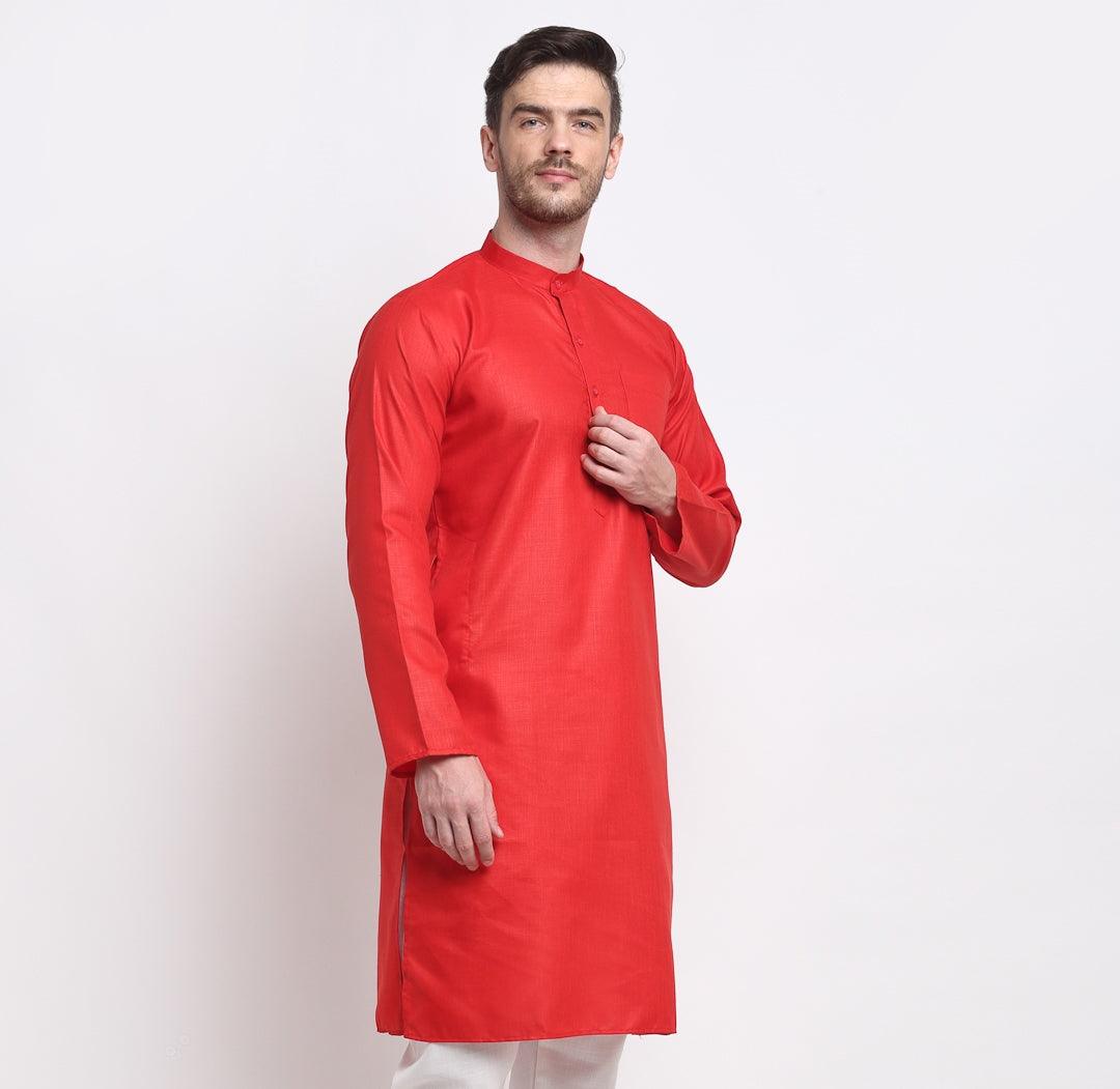 Men's Cotton Blend Red Straight Long Kurta - Benstoke - Indiakreations